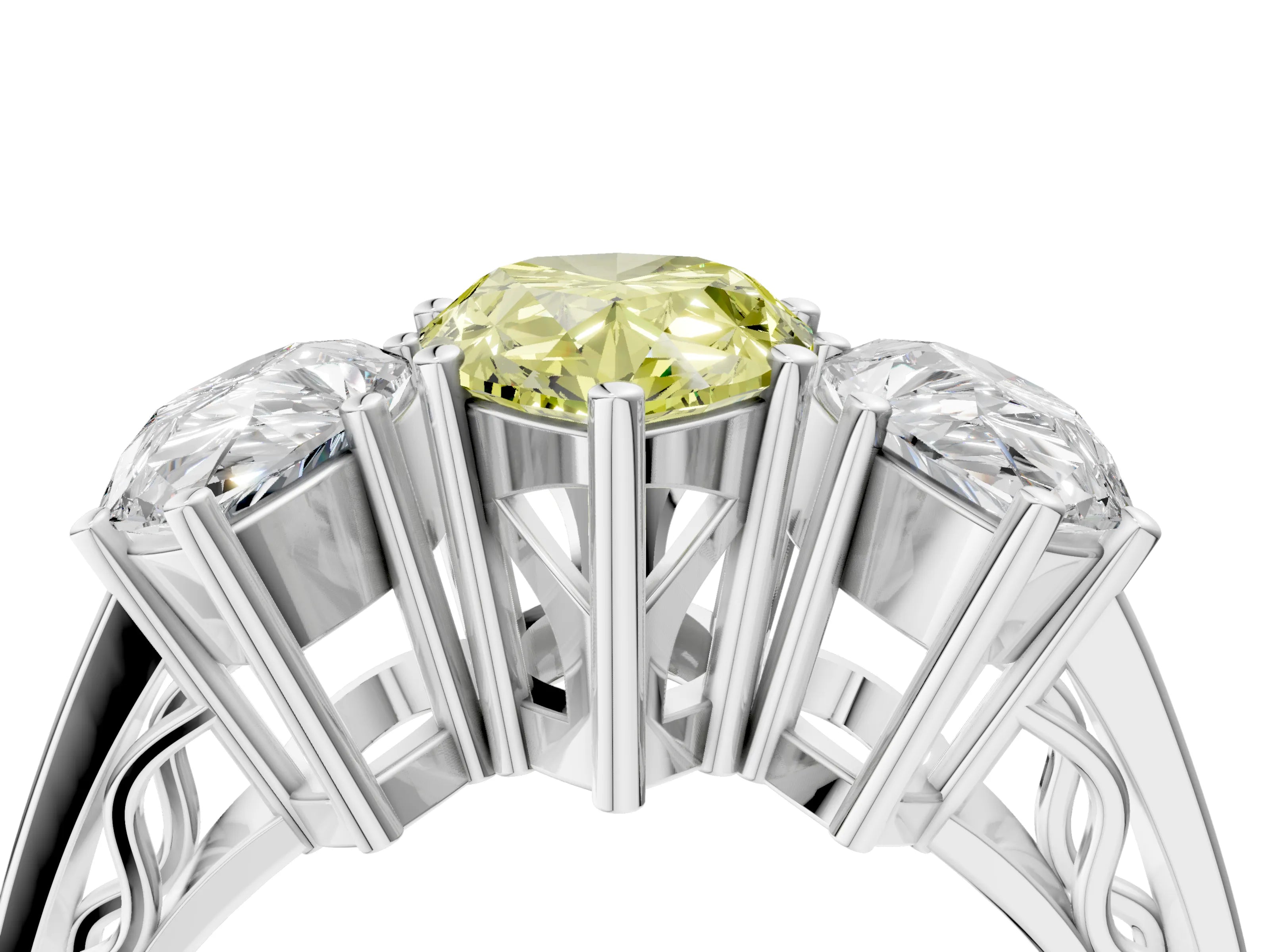 White gold Fancy Yellow Pear Cut Diamond Three-Stone Ring with Prong Setting and Textured Band_4
