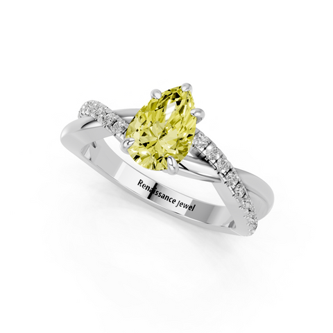 White gold Fancy Yellow Pear  Cut Diamond Twist Band Solitaire with Prong Setting_3