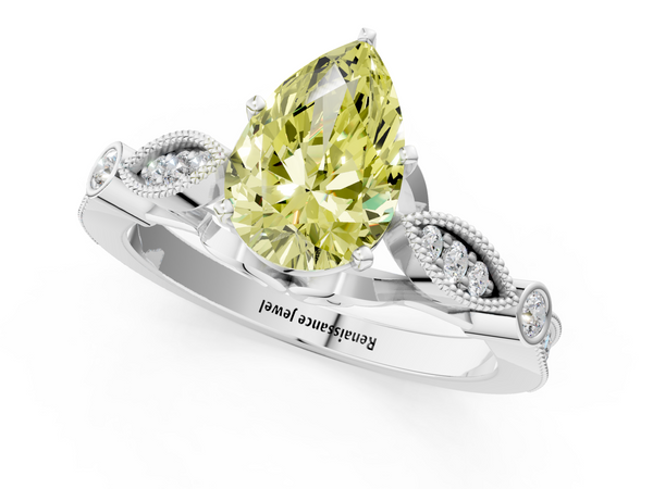 Platinum Fancy Yellow Pear  Cut Diamond with Milgrain Marquise and Bezel Accents on a Solitaire Band with Prong Setting