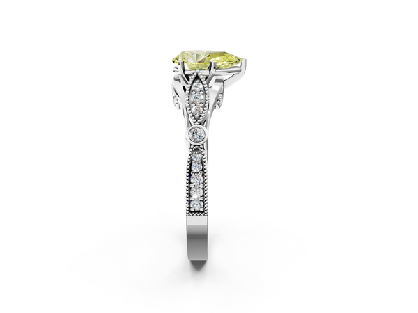 Platinum Fancy Yellow Pear  Cut Diamond with Milgrain Marquise and Bezel Accents on a Solitaire Band with Prong Setting