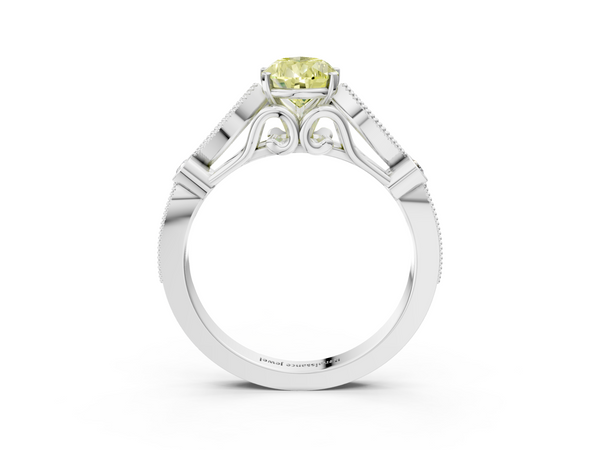 Platinum Fancy Yellow Pear  Cut Diamond with Milgrain Marquise and Bezel Accents on a Solitaire Band with Prong Setting