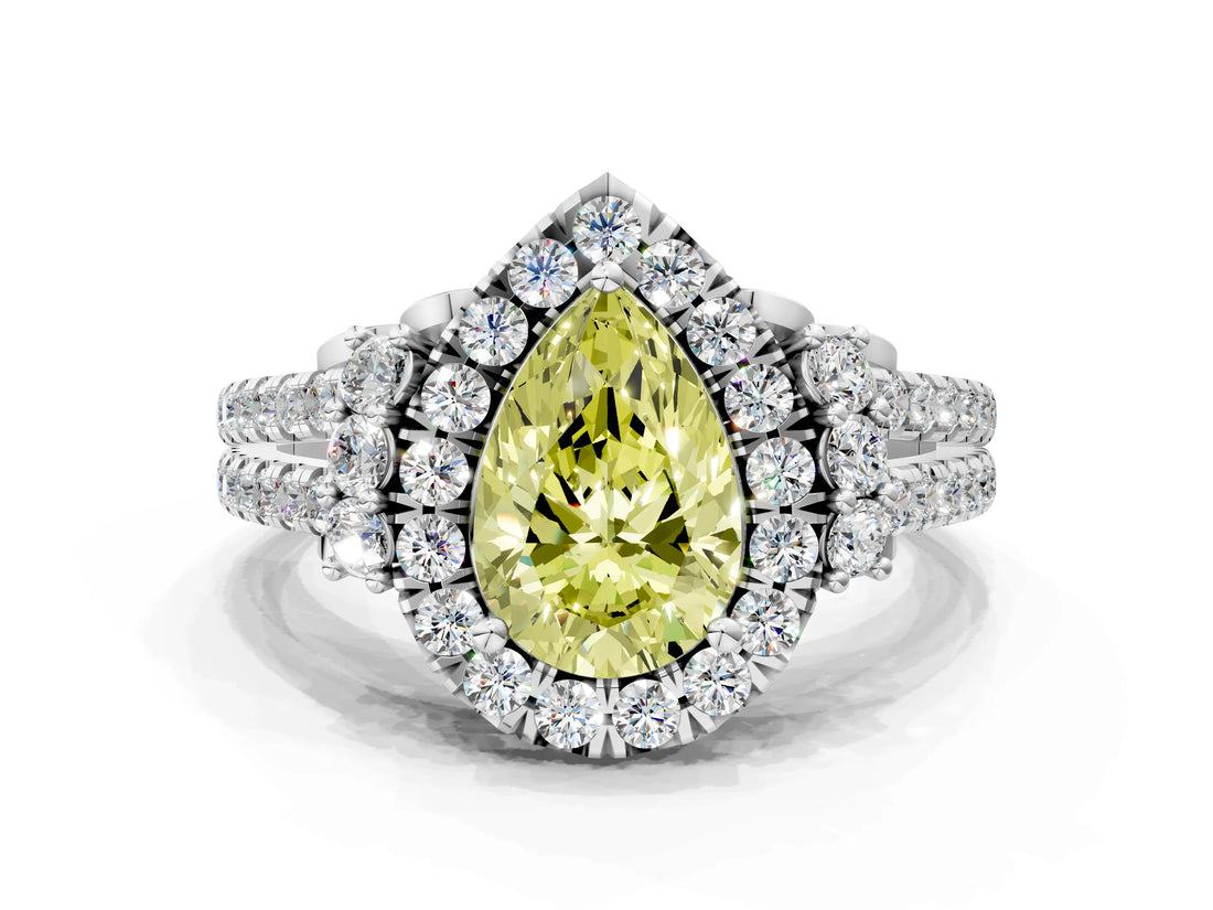 White gold Fancy Yellow Pear  Cut Double Halo Diamond Engagement Ring with Pave Band and Four-Prong Setting_55