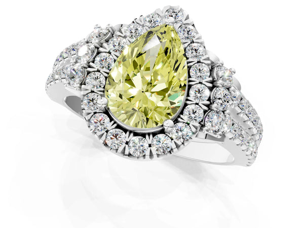 White gold Fancy Yellow Pear  Cut Double Halo Diamond Engagement Ring with Pave Band and Four-Prong Setting