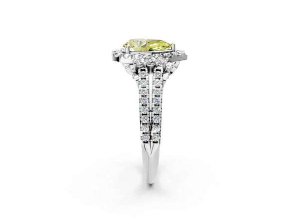 White gold Fancy Yellow Pear  Cut Double Halo Diamond Engagement Ring with Pave Band and Four-Prong Setting