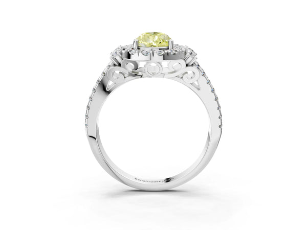 White gold Fancy Yellow Pear  Cut Double Halo Diamond Engagement Ring with Pave Band and Four-Prong Setting