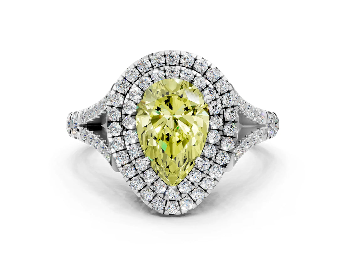 White gold Fancy Yellow Pear  Cut Double Halo Split Shank Diamond Ring with Prong Setting_50