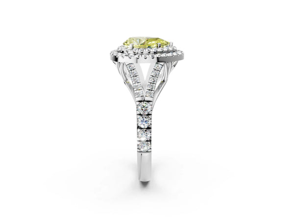 White gold Fancy Yellow Pear  Cut Double Halo Split Shank Diamond Ring with Prong Setting