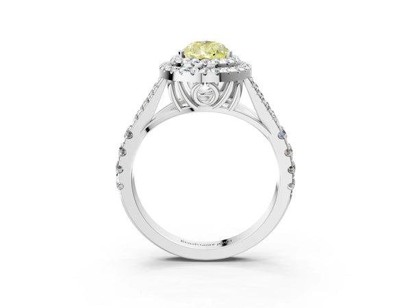White gold Fancy Yellow Pear  Cut Double Halo Split Shank Diamond Ring with Prong Setting