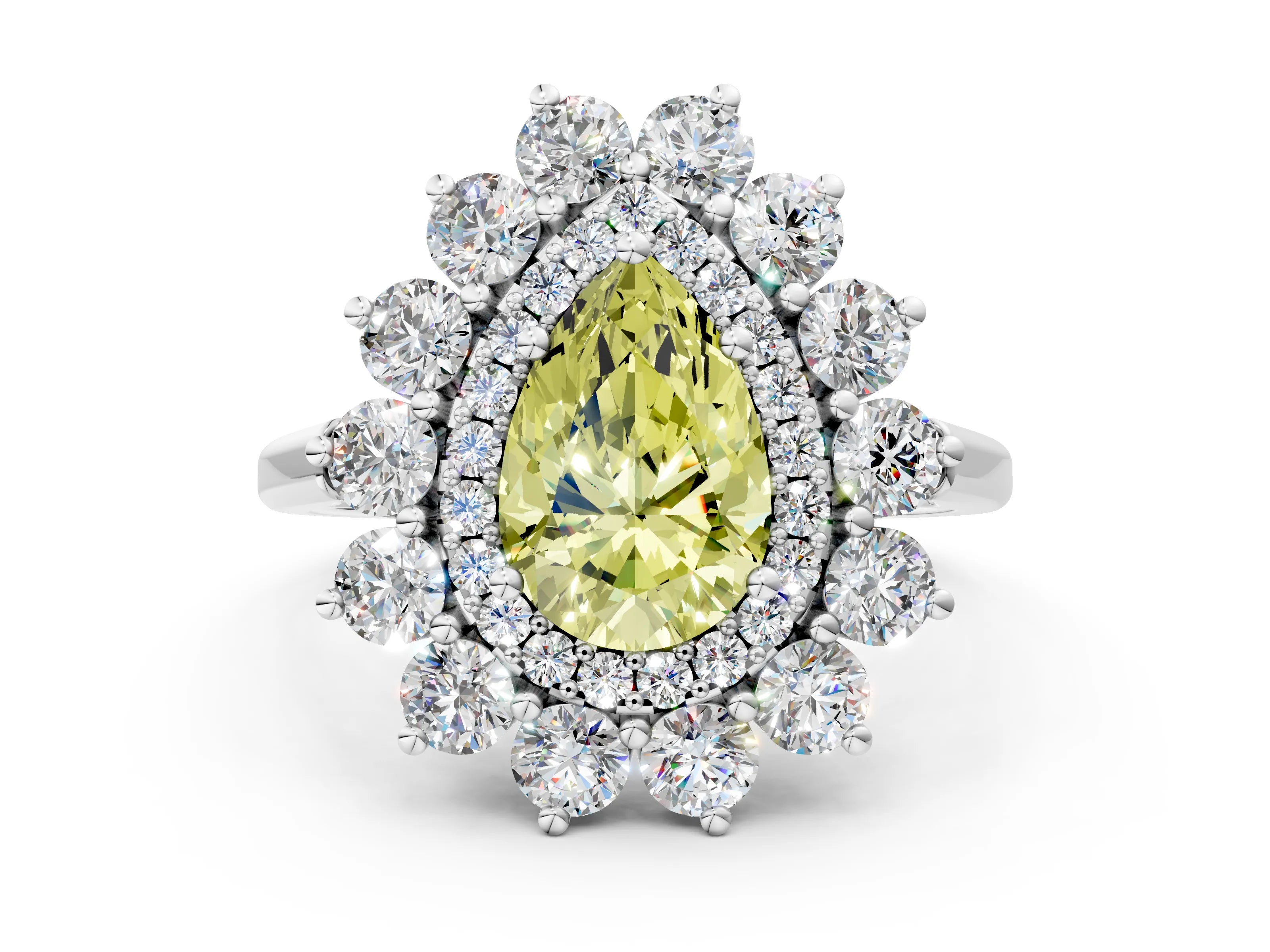 White gold Fancy Yellow Pear Cut Halo Cluster Diamond Ring with Pave Band and Four-Prong Setting_12