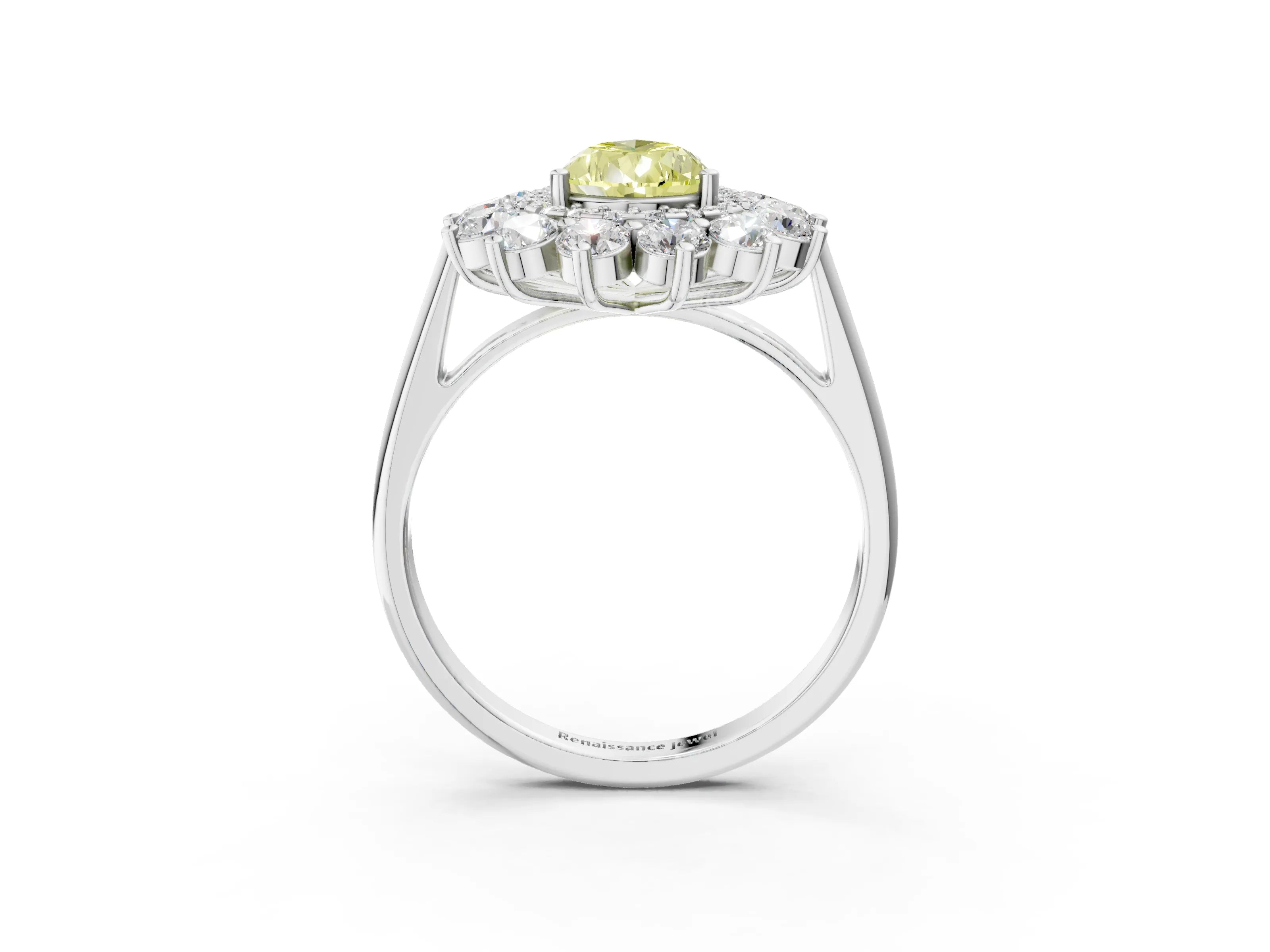White gold Fancy Yellow Pear Cut Halo Cluster Diamond Ring with Pave Band and Four-Prong Setting_15