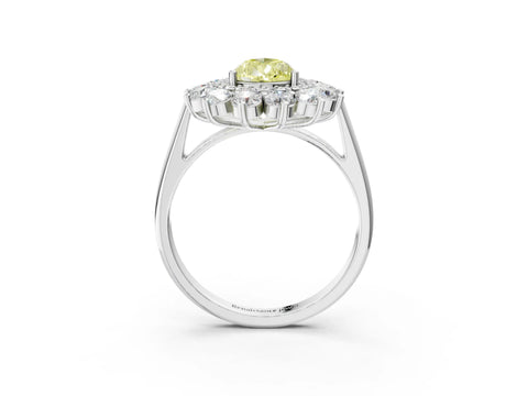 White gold Fancy Yellow Pear Cut Halo Cluster Diamond Ring with Pave Band and Four-Prong Setting_15