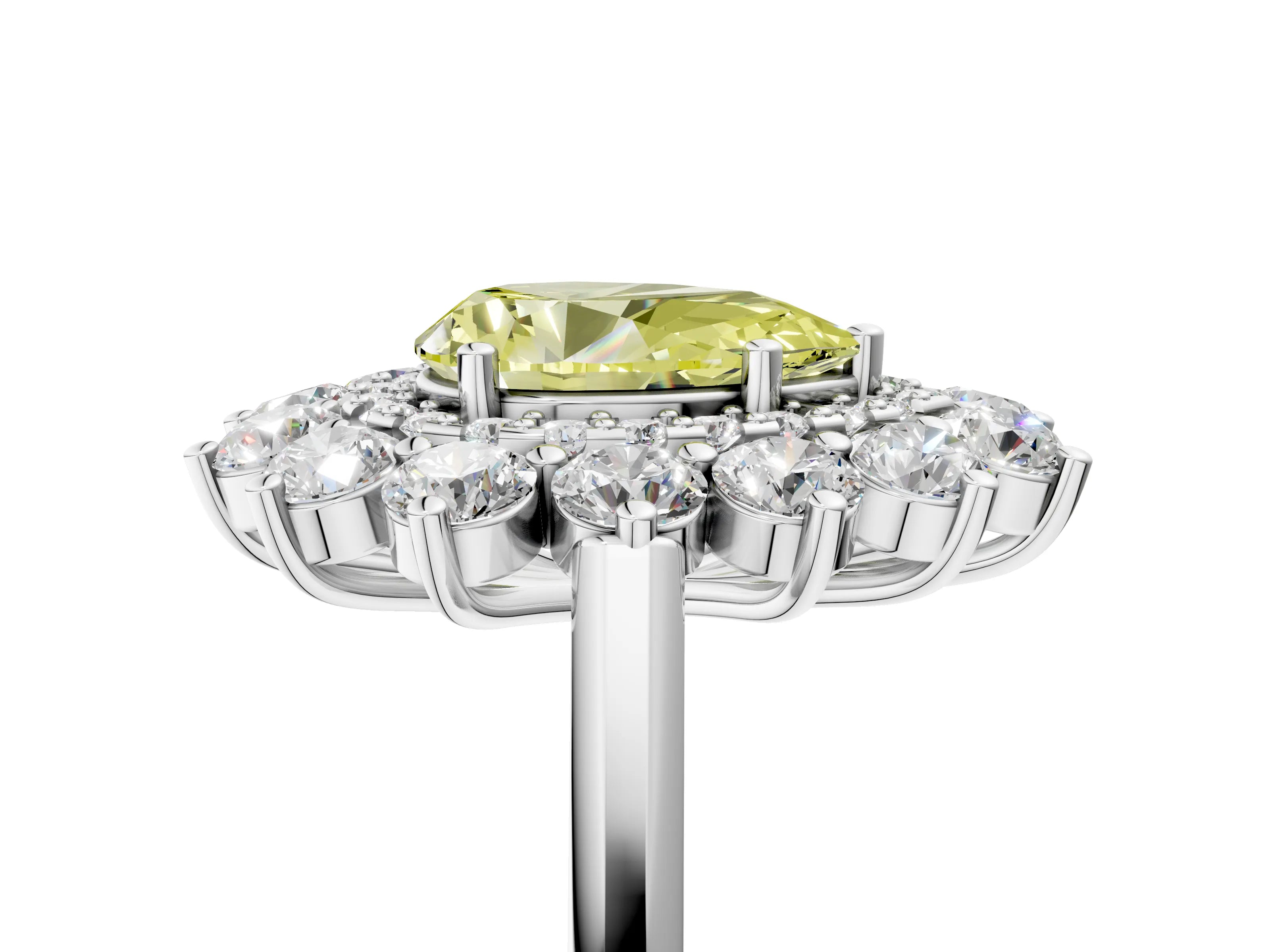White gold Fancy Yellow Pear Cut Halo Cluster Diamond Ring with Pave Band and Four-Prong Setting_17