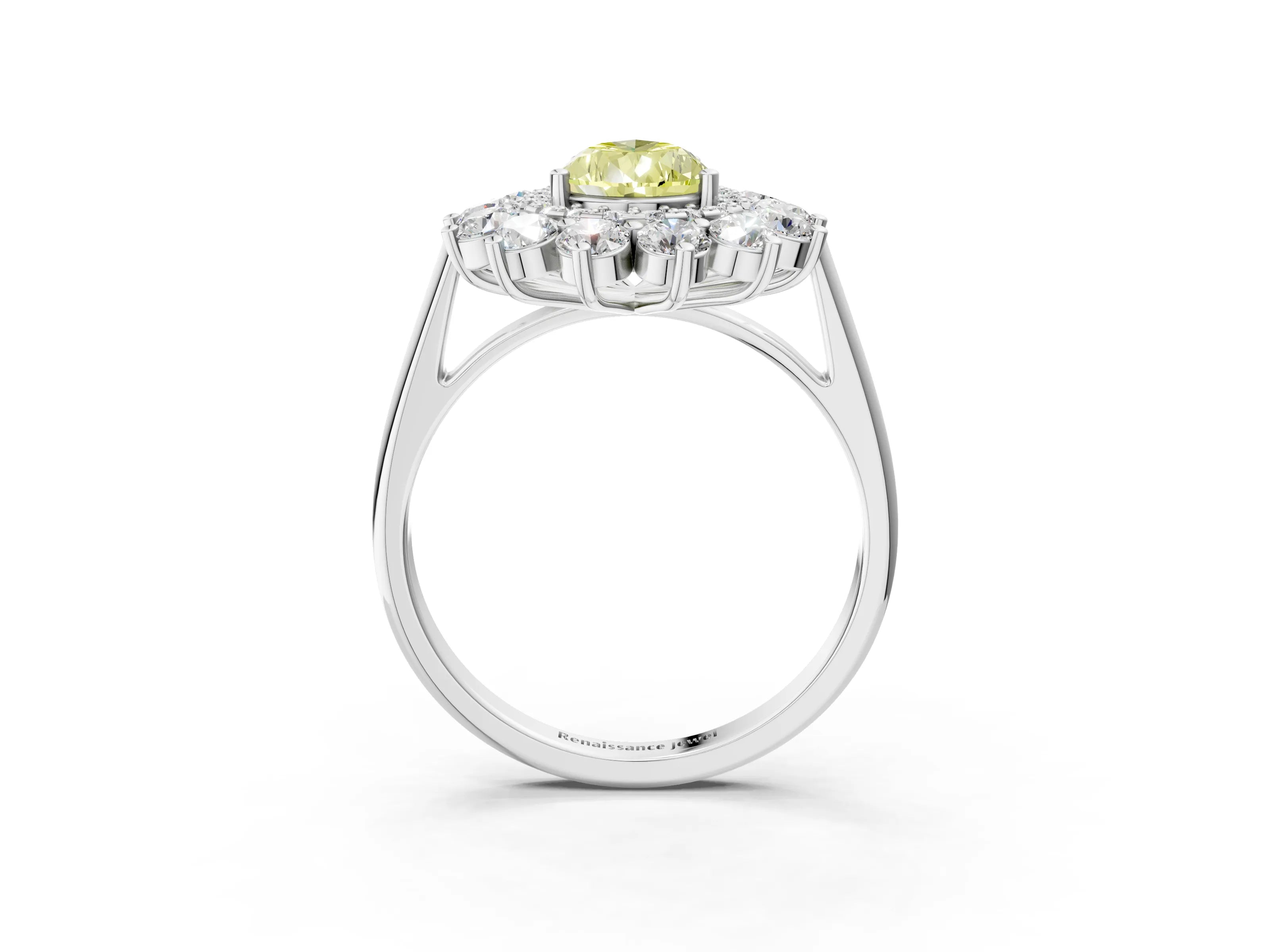 White gold Fancy Yellow Pear Cut Halo Cluster Diamond Ring with Pave Band and Four-Prong Setting_3