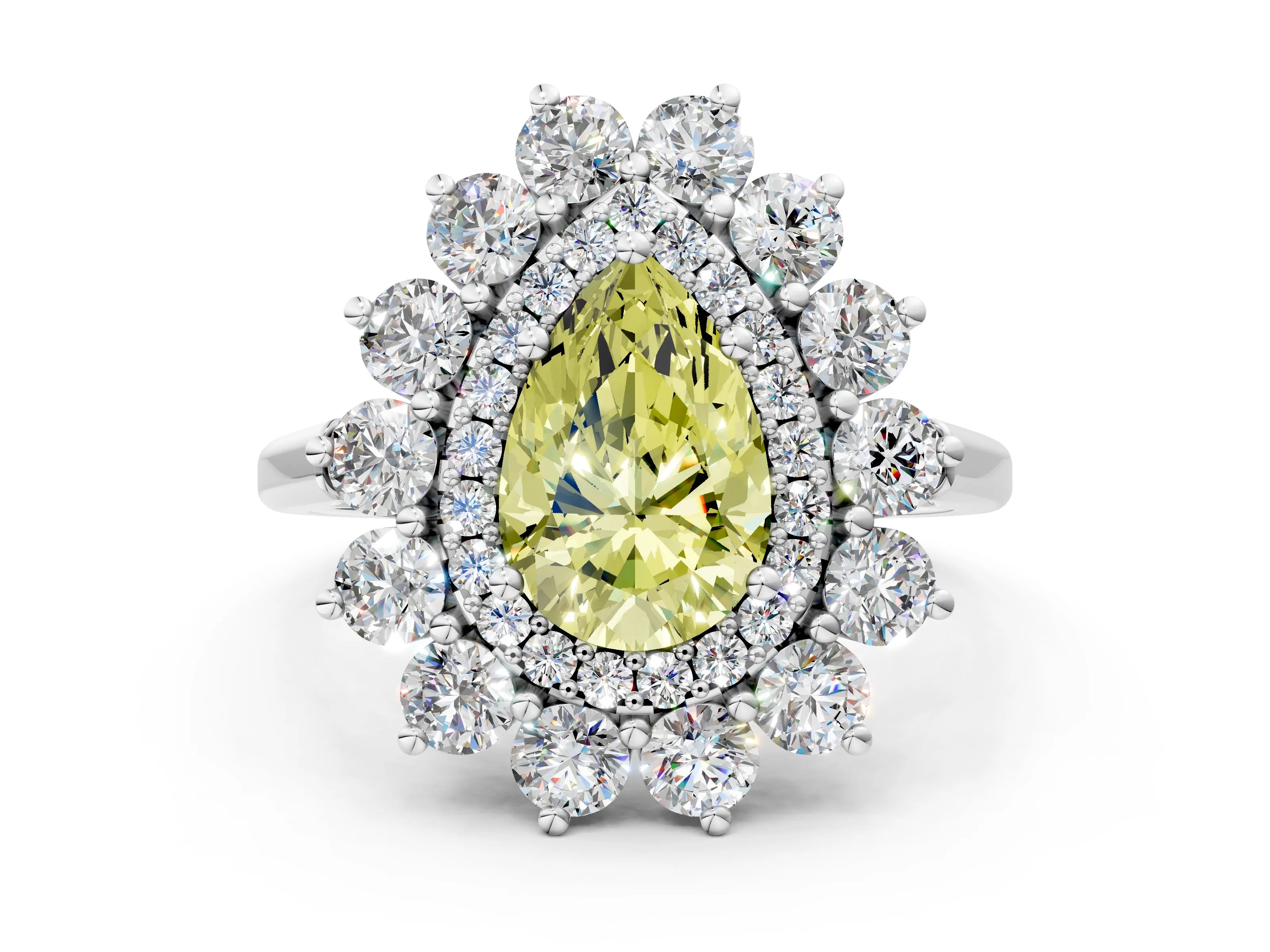 White gold Fancy Yellow Pear Cut Halo Cluster Diamond Ring with Pave Band and Four-Prong Setting