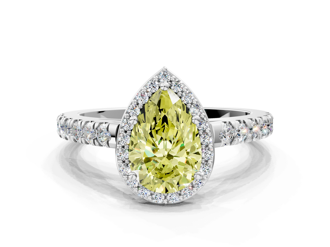 White gold Fancy Yellow Pear  Cut Halo Diamond Engagement Ring with Pave Band and Four-Prong Setting_28