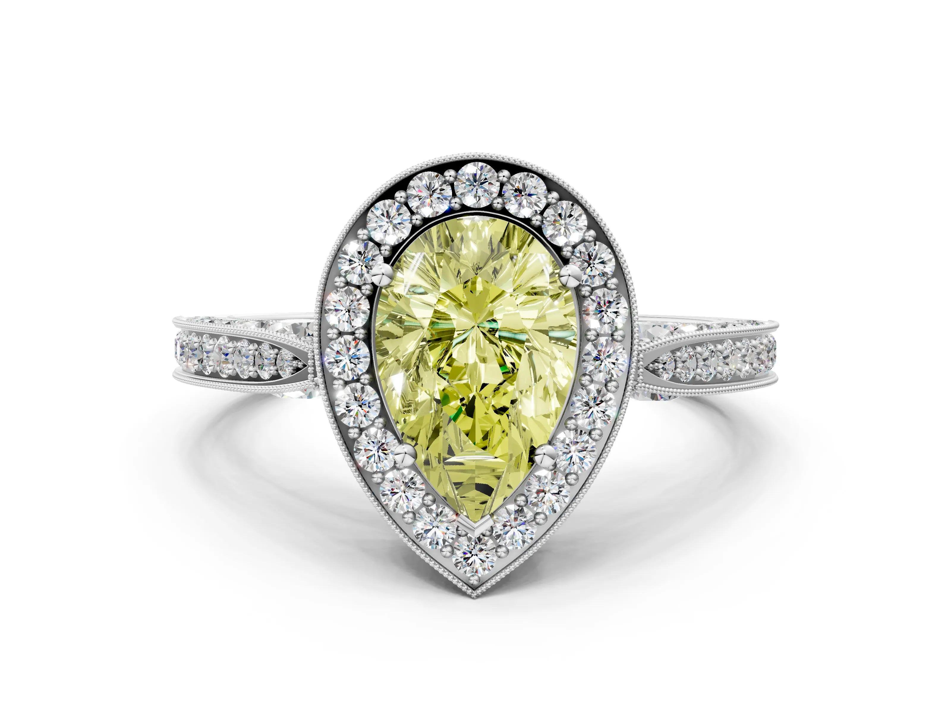 White gold Fancy Yellow Pear Cut Halo Diamond Engagement Ring with Split Shank Band and Four-Prong Setting_12