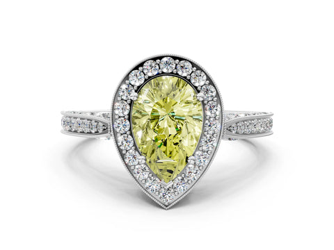 White gold Fancy Yellow Pear Cut Halo Diamond Engagement Ring with Split Shank Band and Four-Prong Setting_12