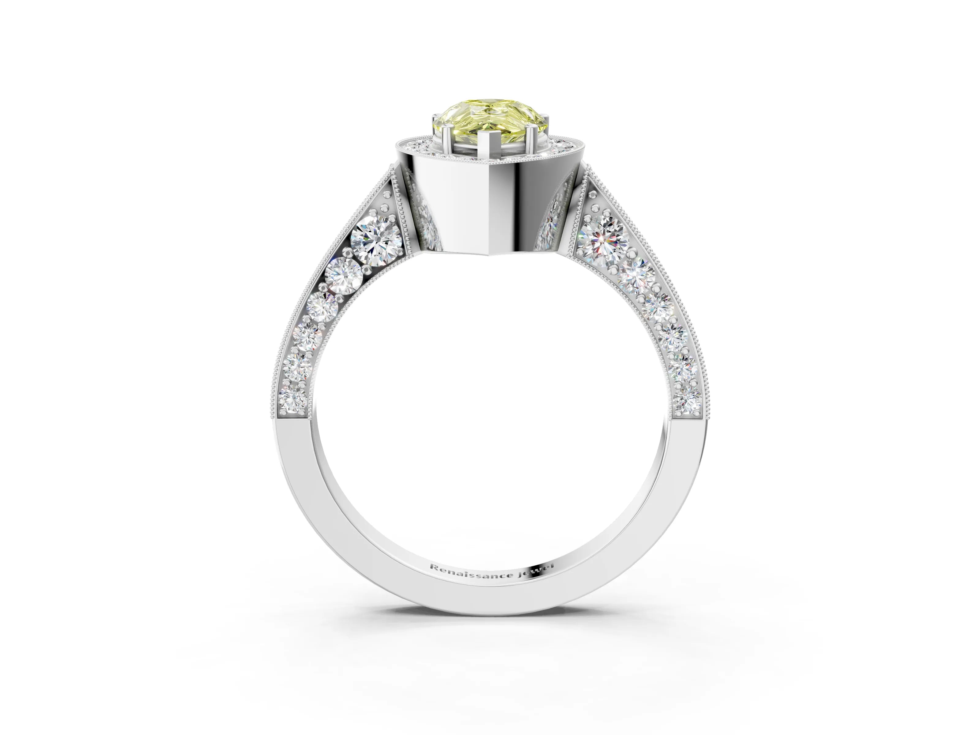 White gold Fancy Yellow Pear Cut Halo Diamond Engagement Ring with Split Shank Band and Four-Prong Setting_15
