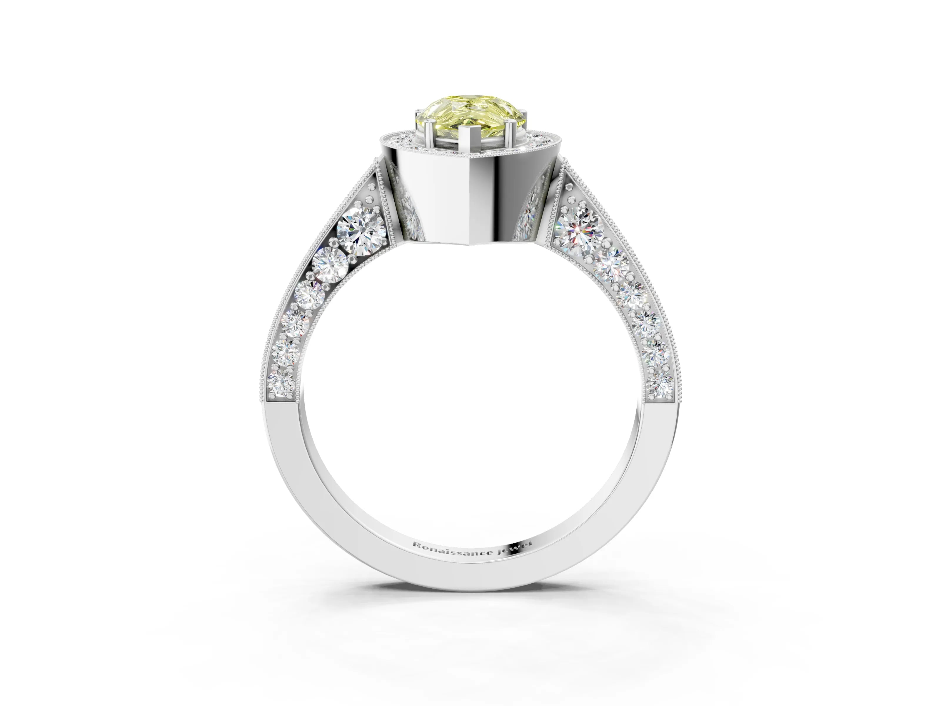 White gold Fancy Yellow Pear Cut Halo Diamond Engagement Ring with Split Shank Band and Four-Prong Setting_3