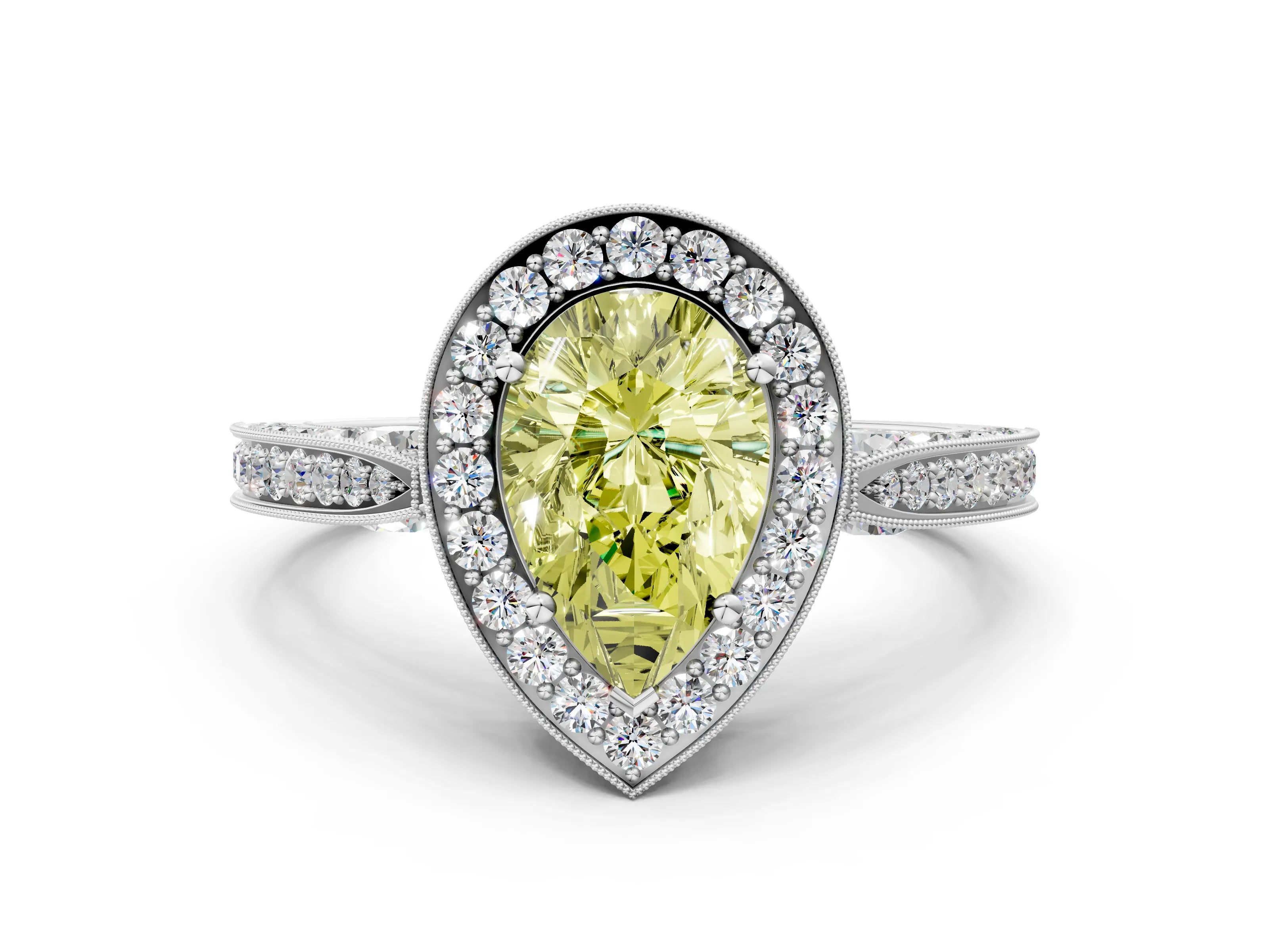 White gold Fancy Yellow Pear Cut Halo Diamond Engagement Ring with Split Shank Band and Four-Prong Setting
