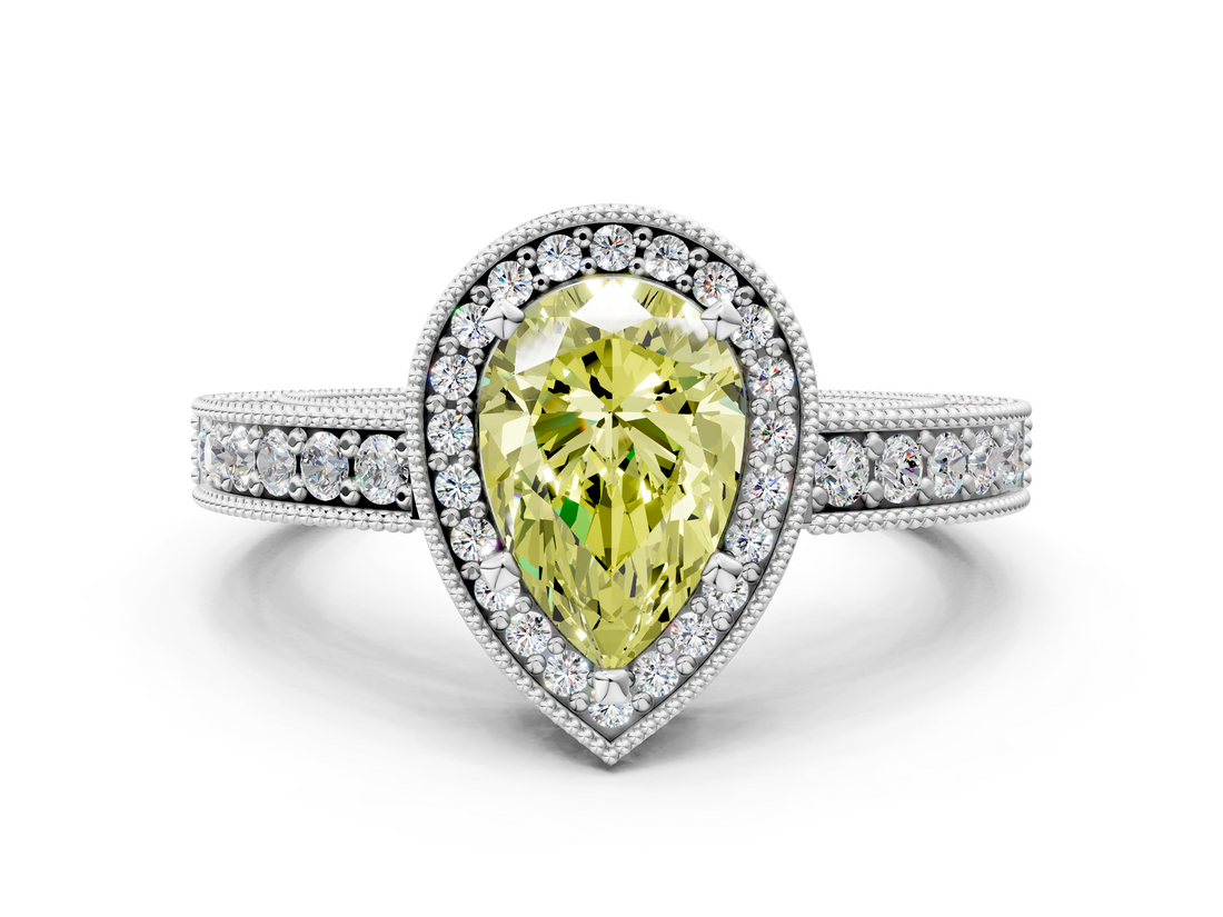 White gold Fancy Yellow Pear  Cut Halo Diamond Pave Band Ring with Four-Prong Setting_45