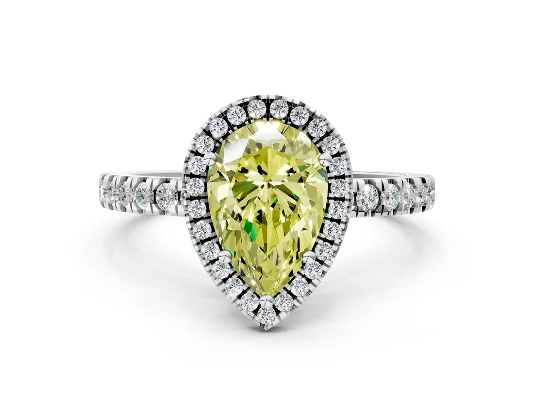 White gold Fancy Yellow Pear Cut Halo Diamond Pave Band with Prong Setting
