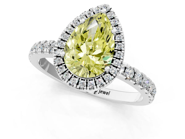White gold Fancy Yellow Pear Cut Halo Diamond Pave Band with Prong Setting