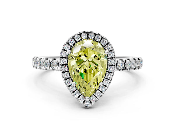 White gold Fancy Yellow Pear Cut Halo Diamond Pave Band with Prong Setting