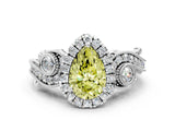 White gold Fancy Yellow Pear Cut Halo Diamond Ring with Milgrain and Bezel Accents on a Split Shank Band_12