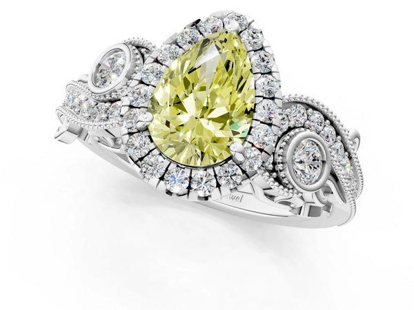 White gold Fancy Yellow Pear Cut Halo Diamond Ring with Milgrain and Bezel Accents on a Split Shank Band
