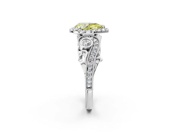 White gold Fancy Yellow Pear Cut Halo Diamond Ring with Milgrain and Bezel Accents on a Split Shank Band