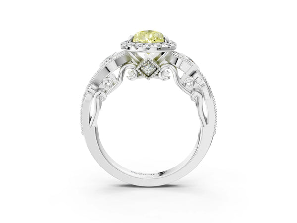 White gold Fancy Yellow Pear Cut Halo Diamond Ring with Milgrain and Bezel Accents on a Split Shank Band