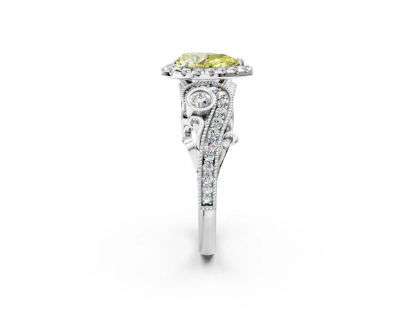 White gold Fancy Yellow Pear Cut Halo Diamond Ring with Milgrain and Bezel Accents on a Split Shank Band