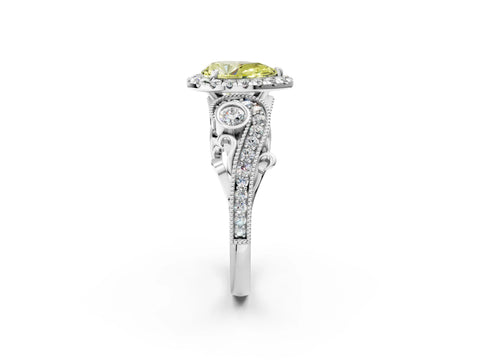 White gold Fancy Yellow Pear Cut Halo Diamond Ring with Milgrain and Bezel Accents on a Split Shank Band_2
