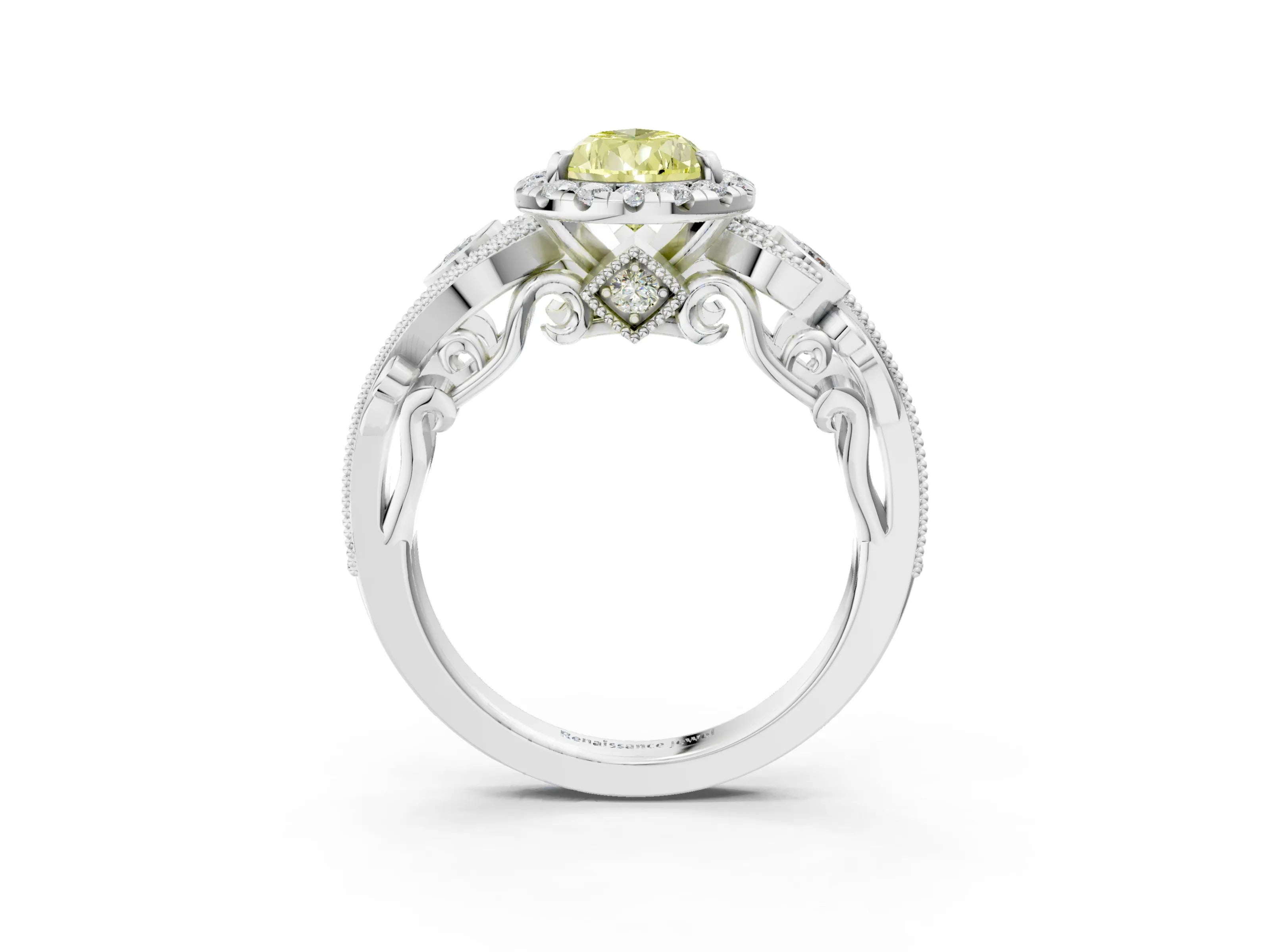 White gold Fancy Yellow Pear Cut Halo Diamond Ring with Milgrain and Bezel Accents on a Split Shank Band_3