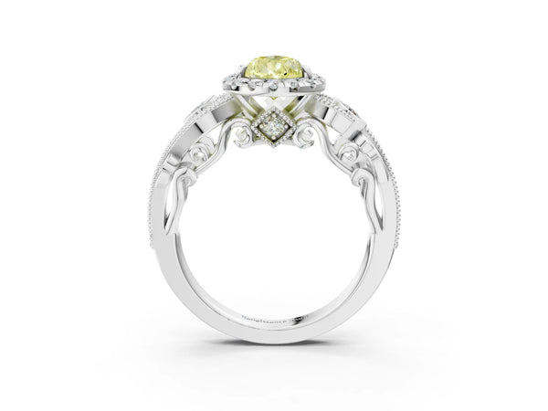 White gold Fancy Yellow Pear Cut Halo Diamond Ring with Milgrain and Bezel Accents on a Split Shank Band