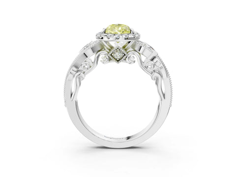 White gold Fancy Yellow Pear Cut Halo Diamond Ring with Milgrain and Bezel Accents on a Split Shank Band_3