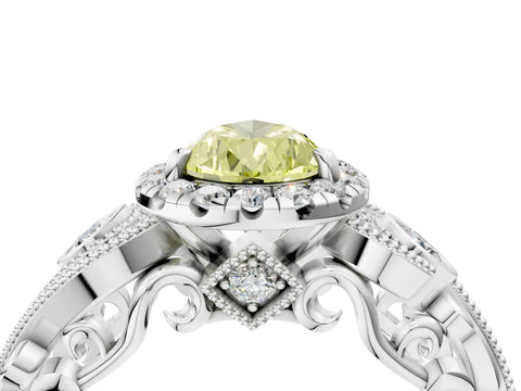 White gold Fancy Yellow Pear Cut Halo Diamond Ring with Milgrain and Bezel Accents on a Split Shank Band_4