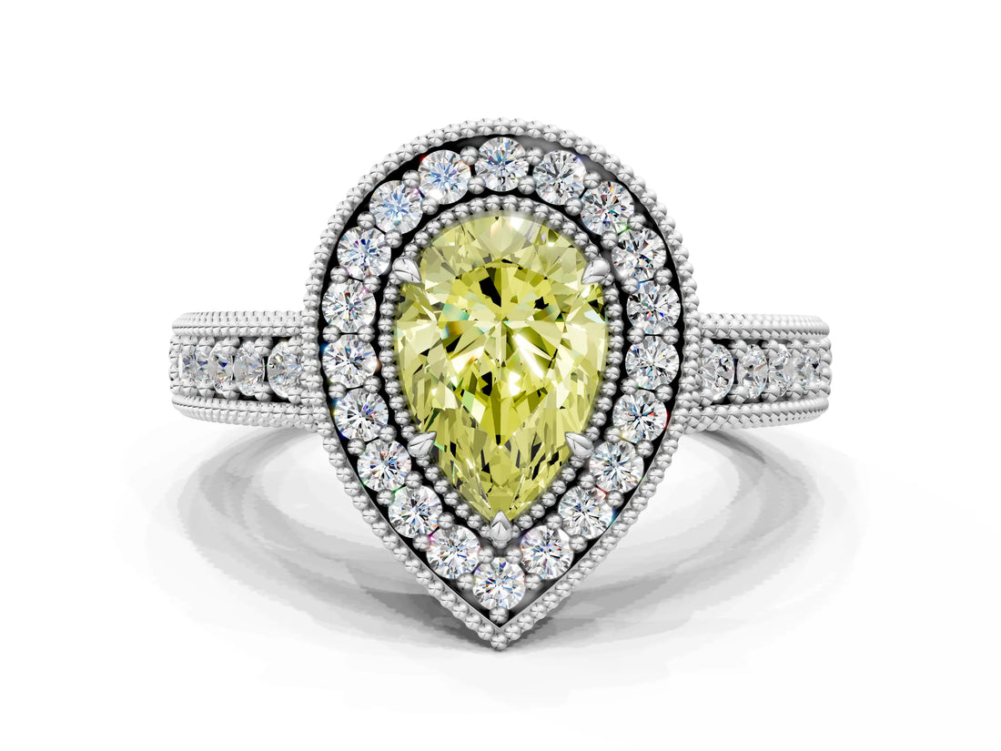 White gold Fancy Yellow Pear  Cut Halo Diamond Ring with Pavé Band and Four-Prong Setting_69