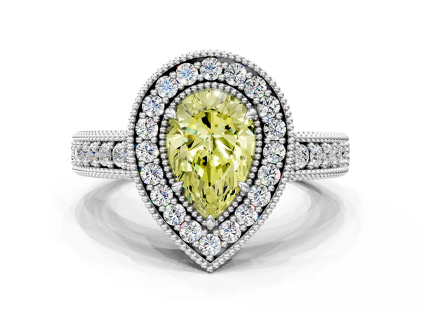 Platinum Fancy Yellow Pear  Cut Halo Diamond Ring with Pavé Band and Four-Prong Setting