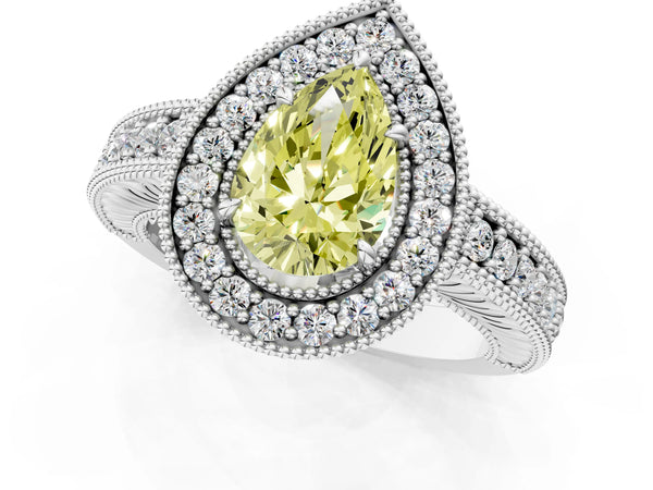 Platinum Fancy Yellow Pear  Cut Halo Diamond Ring with Pavé Band and Four-Prong Setting