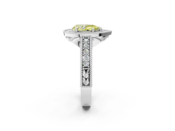 Platinum Fancy Yellow Pear  Cut Halo Diamond Ring with Pavé Band and Four-Prong Setting