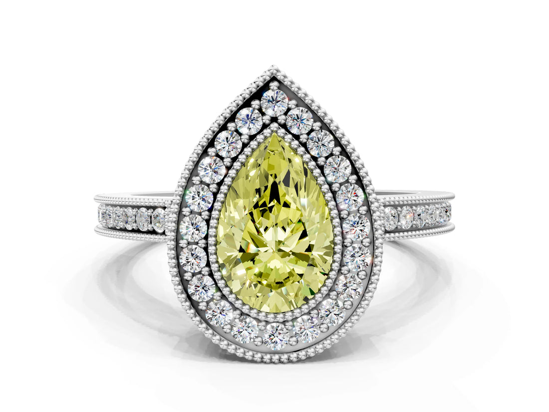 White gold Fancy Yellow Pear  Cut Halo Diamond Ring with Pavé Band and Milgrain Prong Setting_32