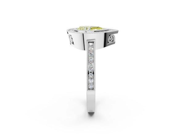 Platinum Fancy Yellow Pear  Cut Halo Diamond Ring with Pavé Band and Milgrain Prong Setting