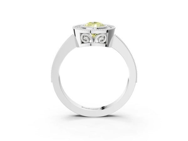 Platinum Fancy Yellow Pear  Cut Halo Diamond Ring with Pavé Band and Milgrain Prong Setting