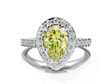 White gold Fancy Yellow Pear Cut Halo Diamond Ring with Pavé Band and Three-Prong Setting