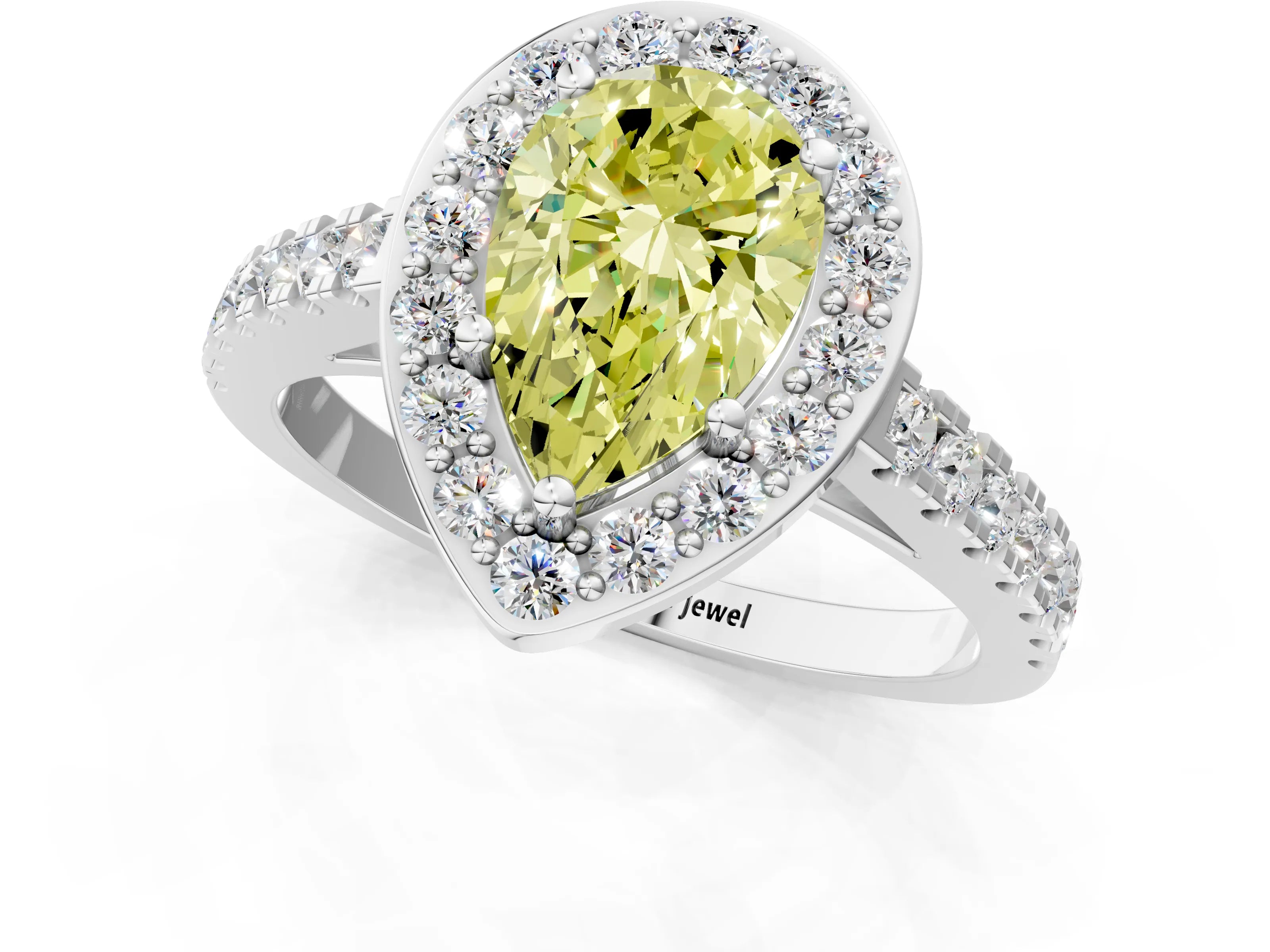 White gold Fancy Yellow Pear Cut Halo Diamond Ring with Pavé Band and Three-Prong Setting_1