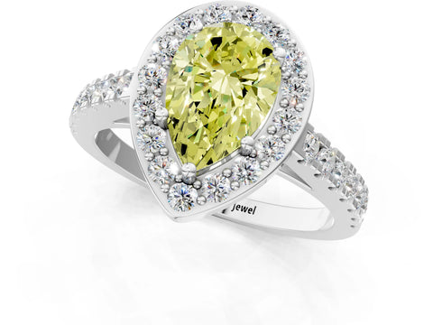 White gold Fancy Yellow Pear Cut Halo Diamond Ring with Pavé Band and Three-Prong Setting_1