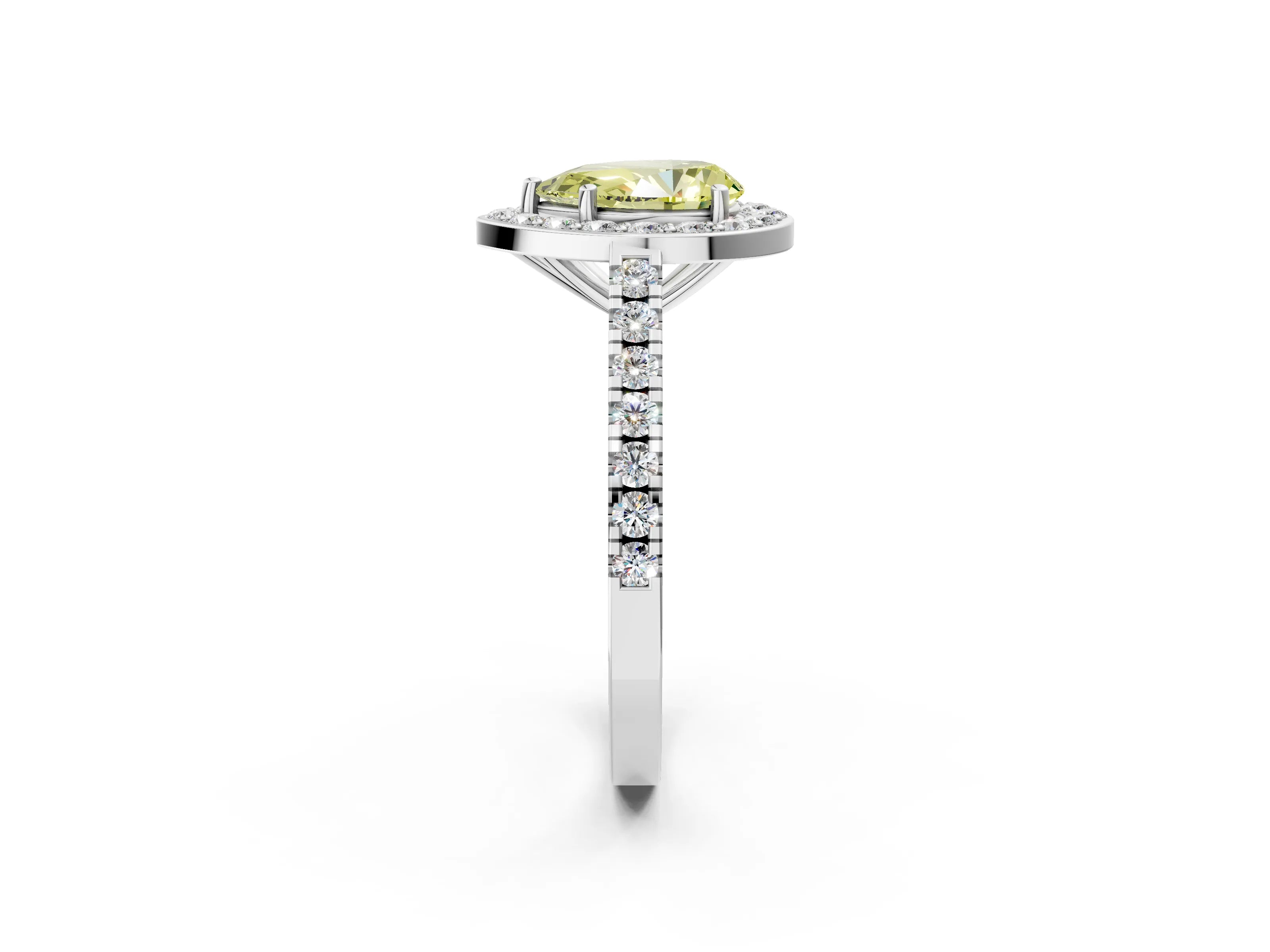 White gold Fancy Yellow Pear Cut Halo Diamond Ring with Pavé Band and Three-Prong Setting_2