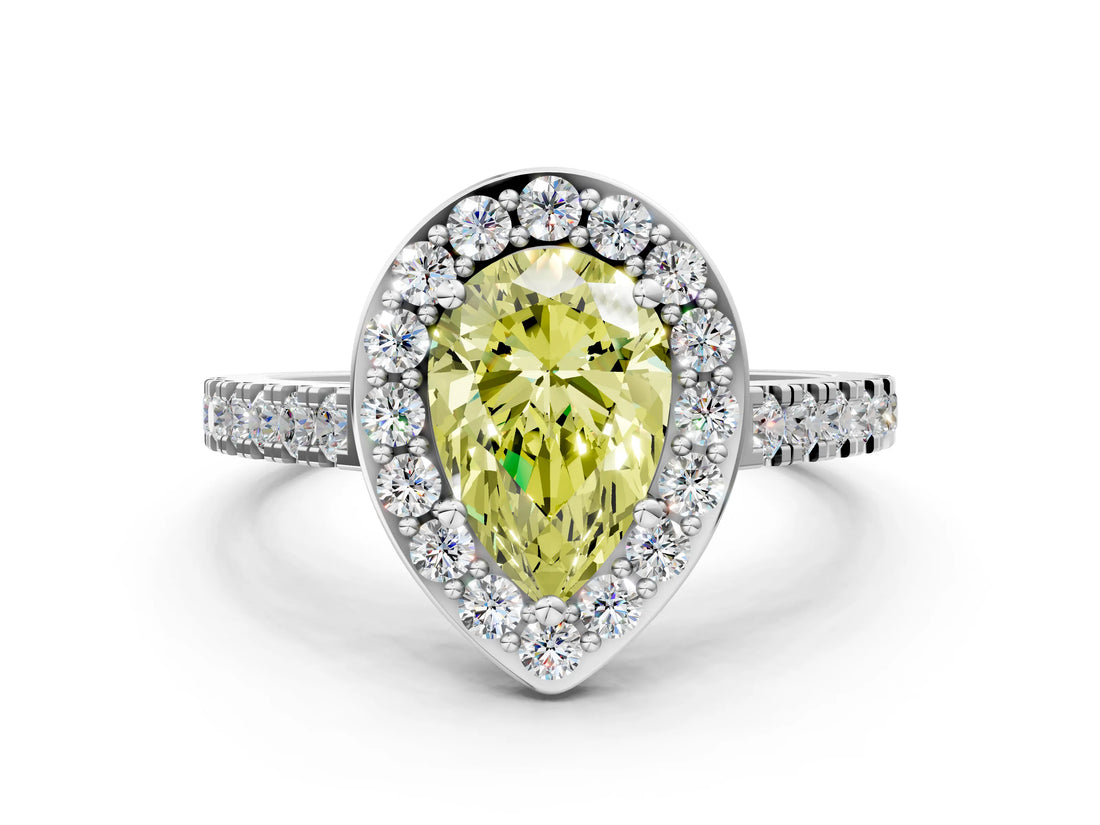 White gold Fancy Yellow Pear Cut Halo Diamond Ring with Pavé Band and Three-Prong Setting_24